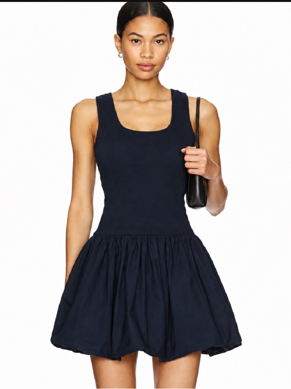 Camila Coelho Square Neck Black Sleeveless Bubble Hem Dress